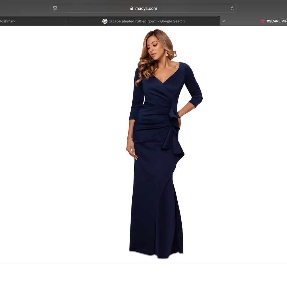 XSCAPE Pleated Ruffled Gown Midnight Blue Size 16